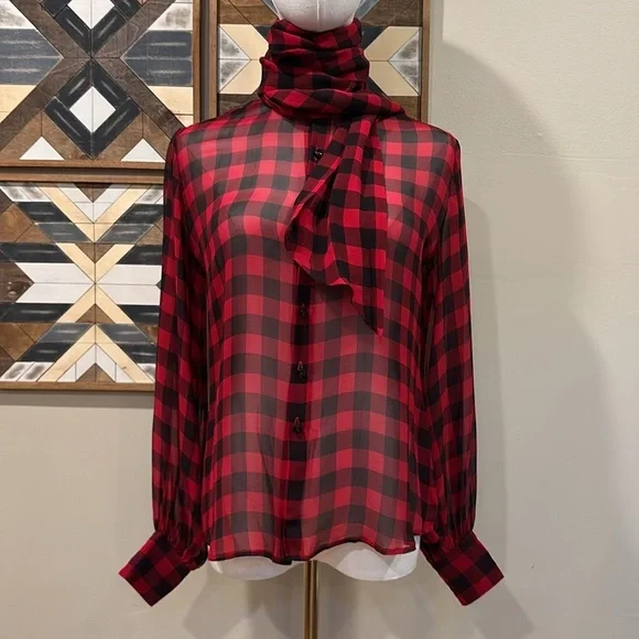 Vintage Ralph Lauren Collection Silk Plaid Button-Up Top Blouse Red / Black 6 - Picture 2 of 12